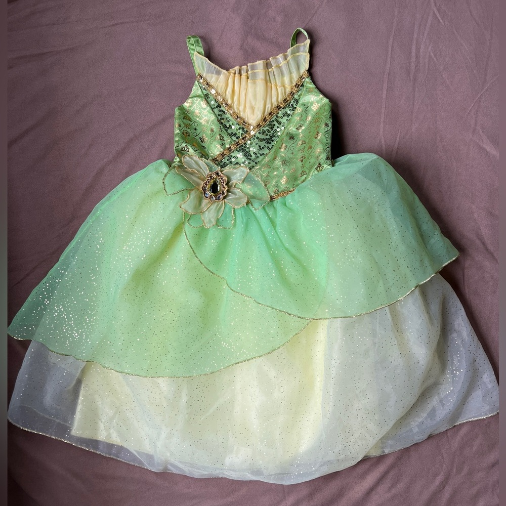 Disney Princess Tiana Beautiful Lime Green and Gold Sequin Dress Girls Size 4
